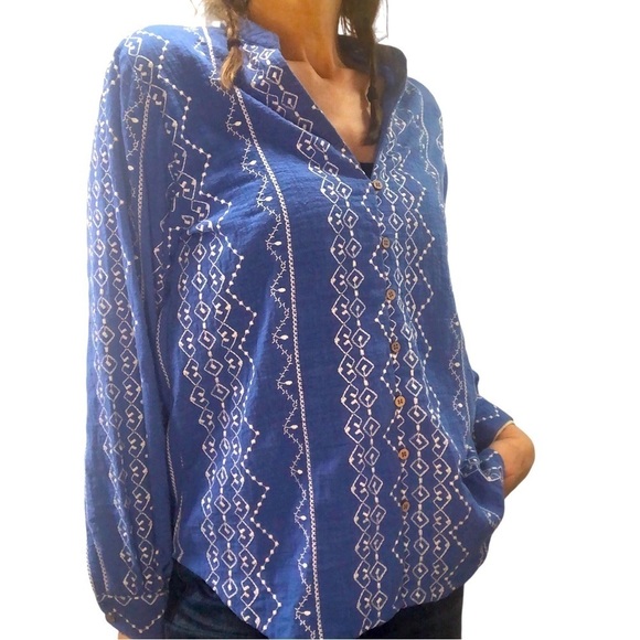 Zara Cotton Embroidered Blouse Top Sz XS Oversized Beach Fisherman Coastal - Picture 1 of 8